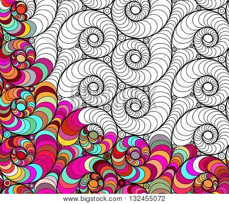 abstract seamless fantasy pattern of black white hand drawn outline ornament and colorful background. Coloring book pattern
