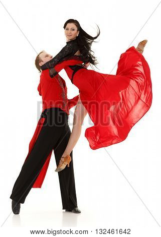 Dancing young couple on a white background.