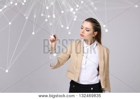 Worldwide network or wireless internet connection futuristic concept. Woman working with linked dots.