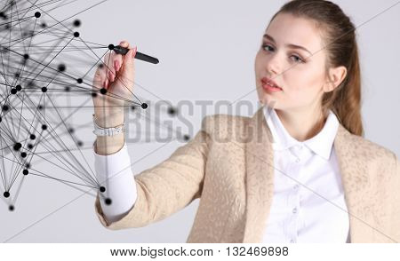 Worldwide network or wireless internet connection futuristic concept. Woman working with linked dots.