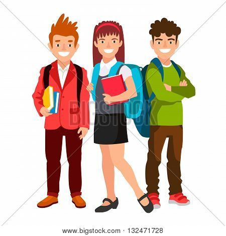 The girl and two boys. Students with backpacks and book. The concept of school education. Vector illustration on white background. Back to school.