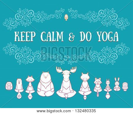 Meditative Animals series. Animal figures seated in the lotus position. Good for design of postcards printed materials for those who are engaged in yoga. All figures are isolated.