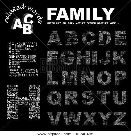 СЕМЬЯ. Векторная коллекция письмо. Иллюстрация с условиями разные ассоциации.