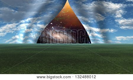 Sky pulled apart like curtain to reveal deep space 3d Render