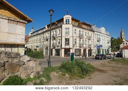 VILNIUS, LITHUANIA - MAY 24, 2016: View to the historical building of Barbacan apartments hotel in downtown Vilnius, Lithuania.