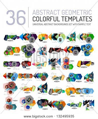 Collection of abstract backgrounds - colorful textured glossy geometric shape compositions with infographics option sample text, repetition of elements. Colorful geometric universal template, bright