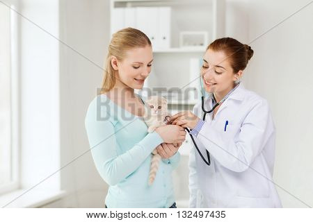 medicine, pet, animals, health care and people concept - happy woman and veterinarian doctor with stethoscope checking scottish fold kitten up at vet clinic