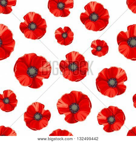 Vector seamless pattern with red poppies on a white background.