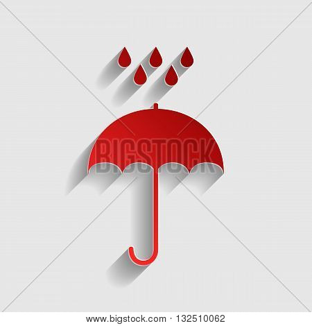 Umbrella with water drops. Rain protection symbol. Flat design style. Red paper style icon with shadow on gray.