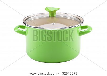 Beauty green enameled pot isolated on white