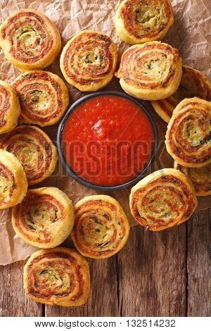 Fried Spicy Potato Rolls And Tomato Sauce Closeup. Vertical Top View