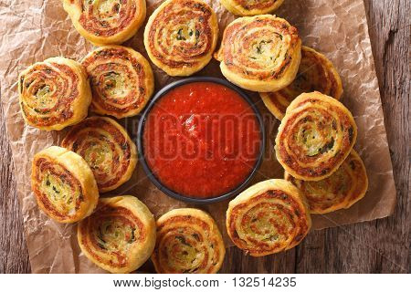 Fried Spicy Potato Rolls And Tomato Sauce Closeup. Horizontal Top View