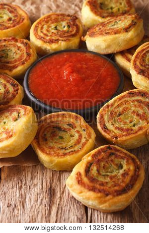 Delicious Potato Bun And Tomato Sauce Closeup. Vertical