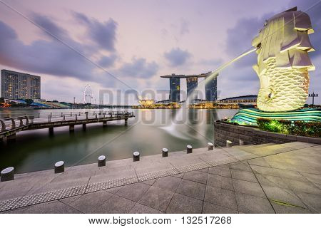 SINGAPORE - SEPTEMBER 6, 2015: The Merlion fountain at Marina Bay. The merlion is a marketing icon used as a mascot and national personification of Singapore.