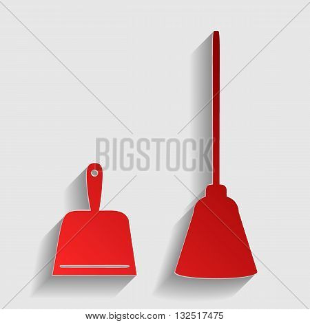 Dustpan vector sign. Scoop for cleaning garbage housework dustpan equipment. Red paper style icon with shadow on gray.