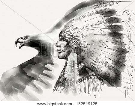 Native american Chief black and white Eagle