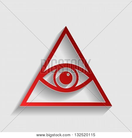 All seeing eye pyramid symbol. Freemason and spiritual. Red paper style icon with shadow on gray.