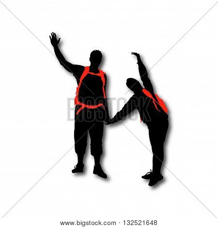 Hikers couple with backpacks black silhouettes waveing