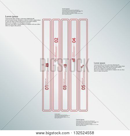 Illustration infographic template with motif of rectangle bar. Bar divided to five red parts. Each part created by double outline contour. Each part contains number text and simple sign.