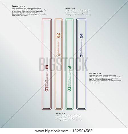 Illustration infographic template with motif of rectangle bar. Bar divided to four color parts. Each part created by double outline contour. Each part contains number text and simple sign.