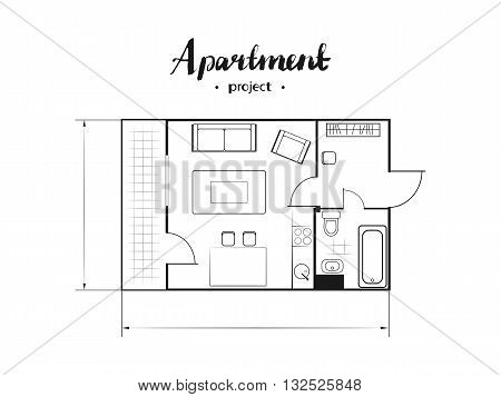 Apartment project with furniture. Kitchen living room two bedroom and balcony. Handwritten inscription. Vector illustration of top view. White background