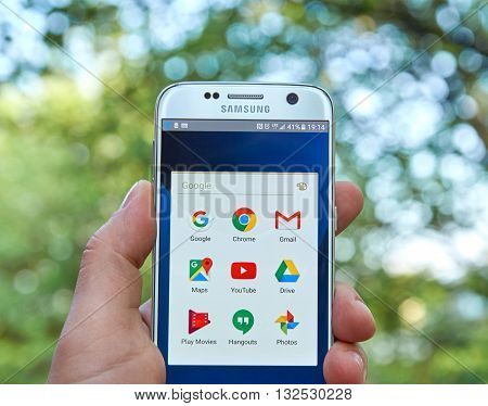 MONTREAL CANADA - MAY 23 2016 : Google Apps on Samsung S7 screen. Google is an American multinational technology company specializing in Internet-related services and products.