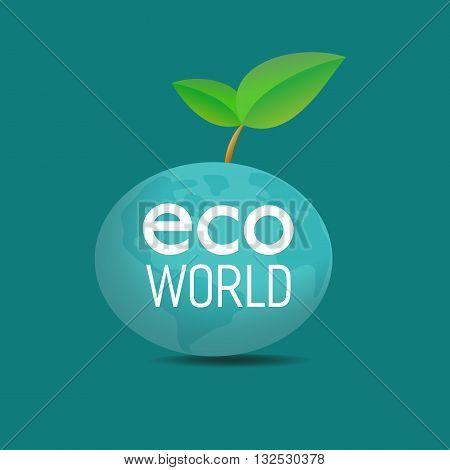 Eco world concept. Green leafs, globe, Eco World words. Nature saving. Planet the Earth. Geen world concept. Evironment protection. Vector illustration