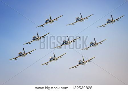 Igea Marina, Italy - June 21, 2015: Italian Tricolor Arrows at airshow