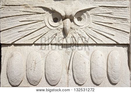 Ancient Owl Head Bas-Relief on the Wall. Architecture Details Close Up. Copy space for your text in the bottom half on wings.