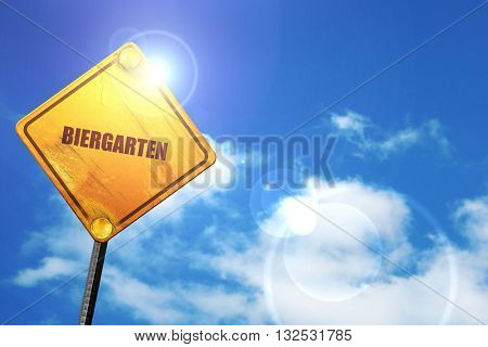 biergarten, 3D rendering, glowing yellow traffic sign 
