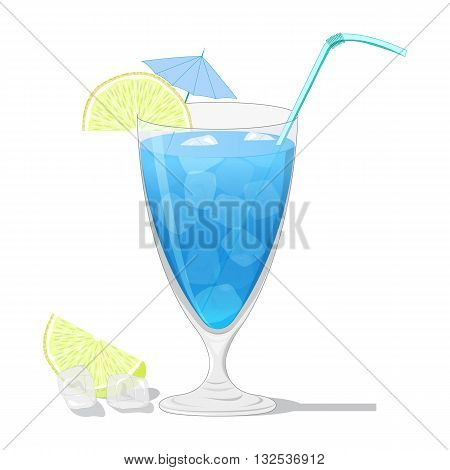 Blue Lagoon cocktail with a lemon slice isolated on white background