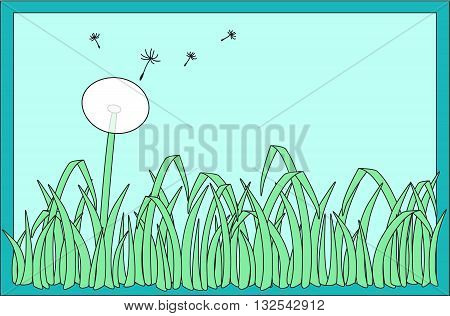 Dandelion with flying seeds on a meadow with blue background and frame