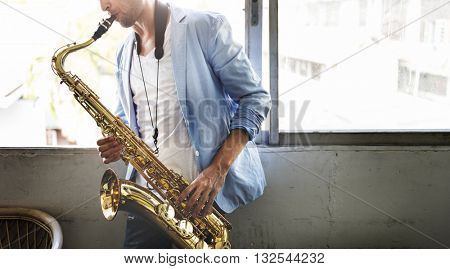 Jazzman Musical Artist Playing Saxophone Concept