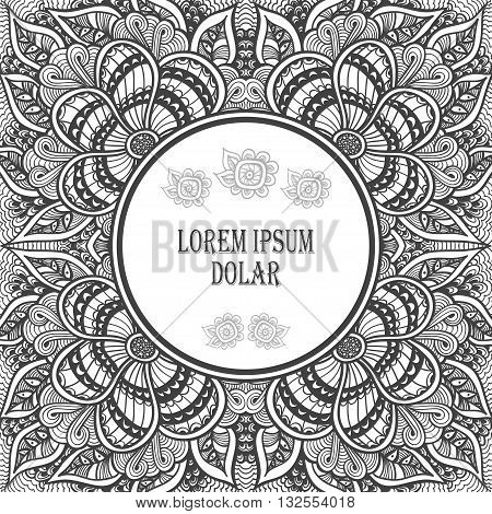 Template  flyer or label   with Zen doodle flowers or  Zen tangle  pattern black on white in circle  for coloring page or relax coloring book or wallpaper or for decorate package clothes