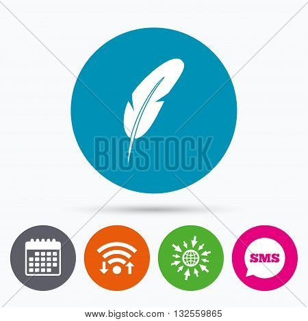 Wifi, Sms and calendar icons. Feather sign icon. Retro pen symbol. Light weight symbol. Go to web globe.
