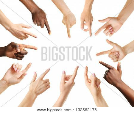 Set of different hands touching or pointing to something, isolated on white