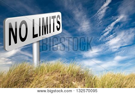 no limits or boundaries unlimited and without restrictions road sign billboard 3D illustration
