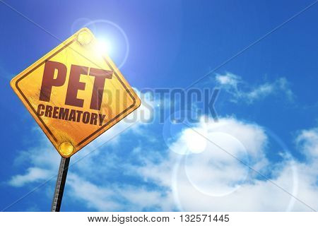 pet crematory, 3D rendering, glowing yellow traffic sign 