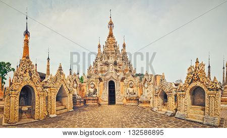 Buddhist pagoda Takhaung Mwetaw in Sankar. Myanmar. Panorama