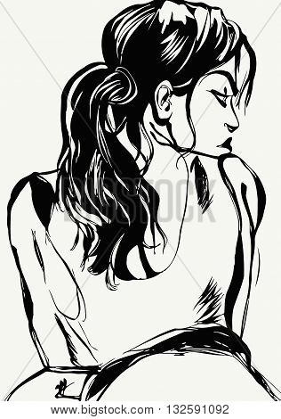 Background with a portrait of the beautiful young girl seen from behind a sketch vector illustration