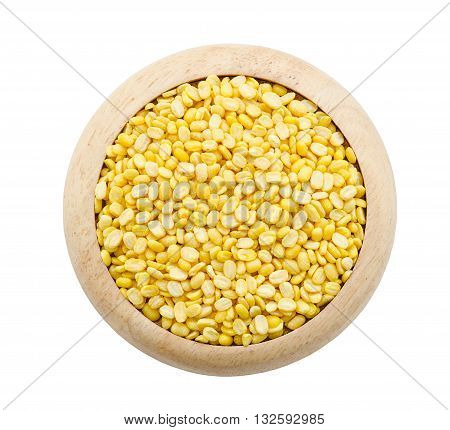 peeled split mung bean in wooden dish isolated on white background Save clipping path.