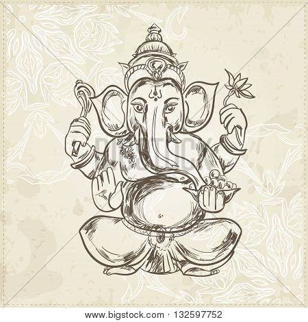 Hand drawn vector illustration of Sitting Lord Ganesha in Mandala Frame. For Tattoo, yoga, spirituality.