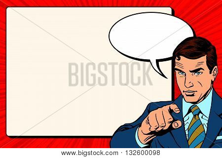 Businessman index retro poster pop art retro vector. A man shows the direction of his finger. Encourages the poster