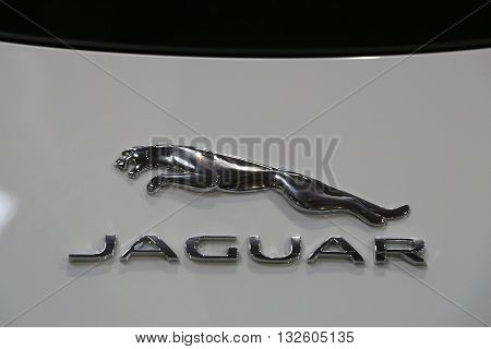Cracow Poland - May 21 2016: Jaguar Metallic Logo Closeup On The Jaguar Car Displayed At 3rd Edition