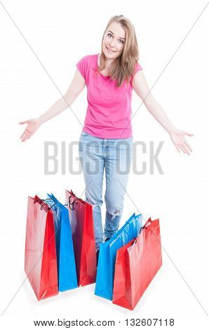 Happy Female Customer Showing What She Was Buying
