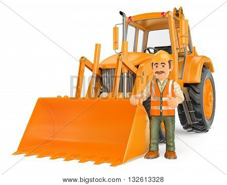 3d working people illustration. Construction worker with a backhoe. Isolated white background.