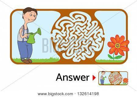 Maze puzzle for kids with gardener and flower. Labyrinth illustration, solution included.