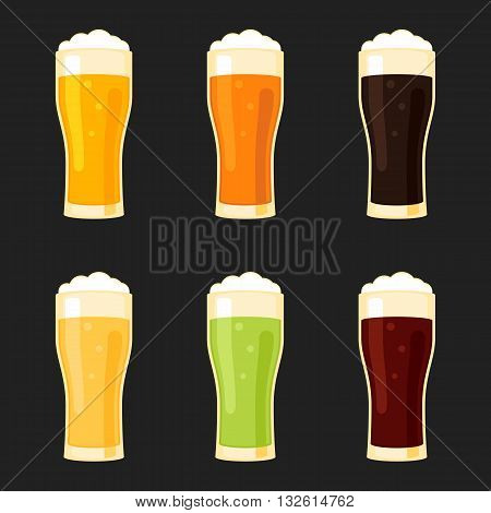 Beer glasses different types - lager, pilsner, ale, stout, green, red. Vector illustration sign flat style for web design and print