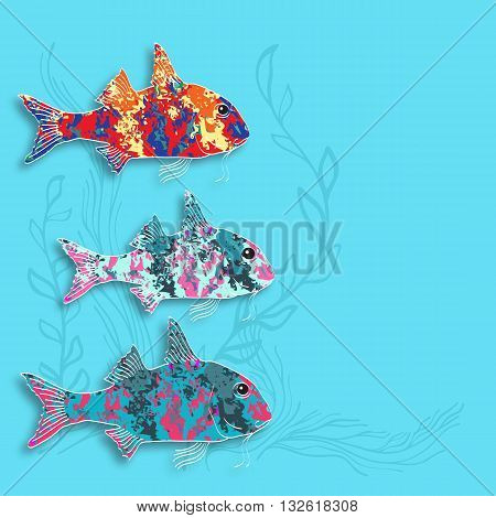 Vector illustration with  fishes and alga on aquamarine background.