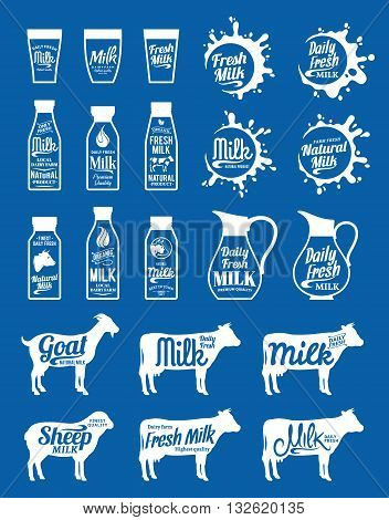 Vector milk logo. Milk design elements farm animals icons and milk splashes with sample text. Milk icons collection for groceries agriculture stores packaging and advertising.